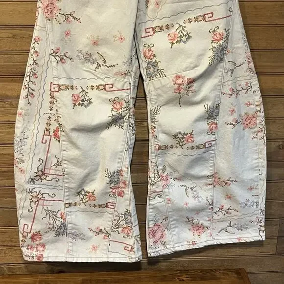 Free People We The Free Eden Slouch Jeans Cross Stitch Print Button Fly Size 27 - Picture 3 of 16